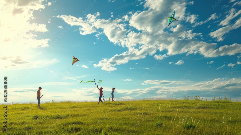 Obraz premium A group of people are flying kites in a grassy field under the azure sky with fluffy cumulus clouds floating in the atmosphere. AIG41