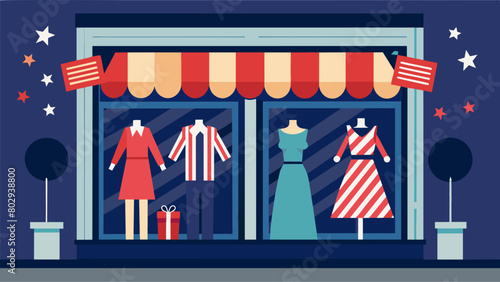 A clothing boutique window dressed in festive 4th of July outfits complete with miniature flags and sparklers.. Vector illustration