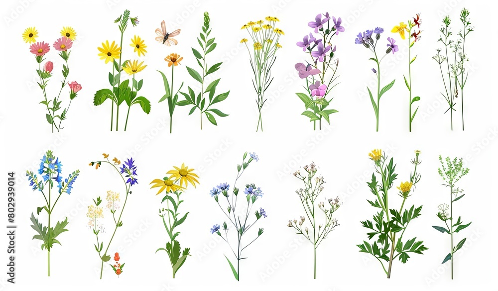 Vibrant collection of assorted wildflowers isolated on white Vibrant collection of assorted wildflowers isolated on white