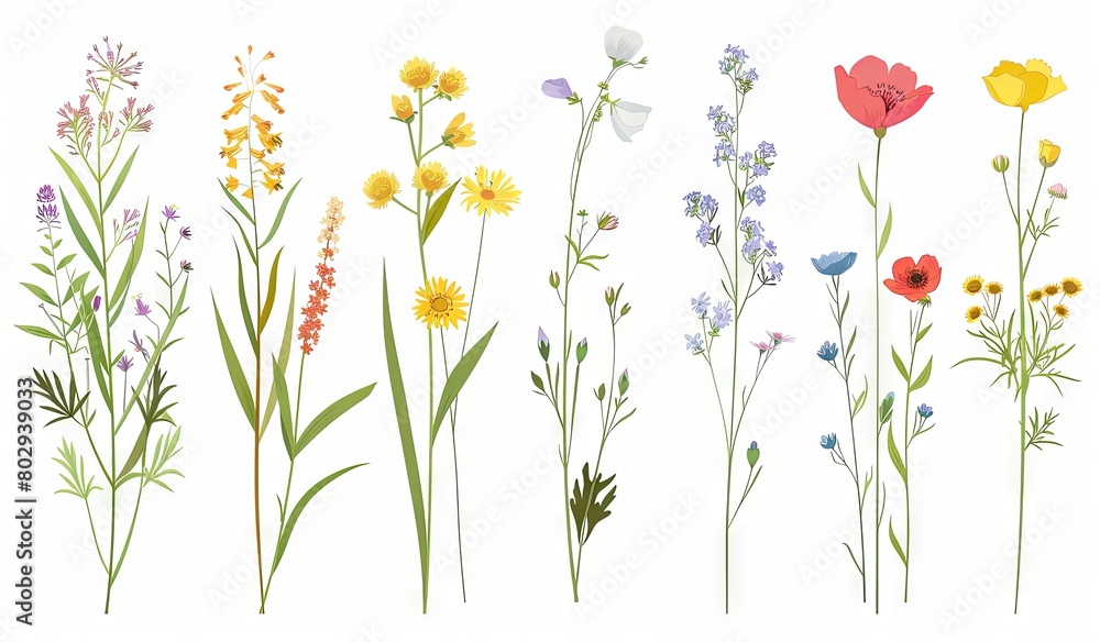 Colorful assortment of wildflowers on a white background