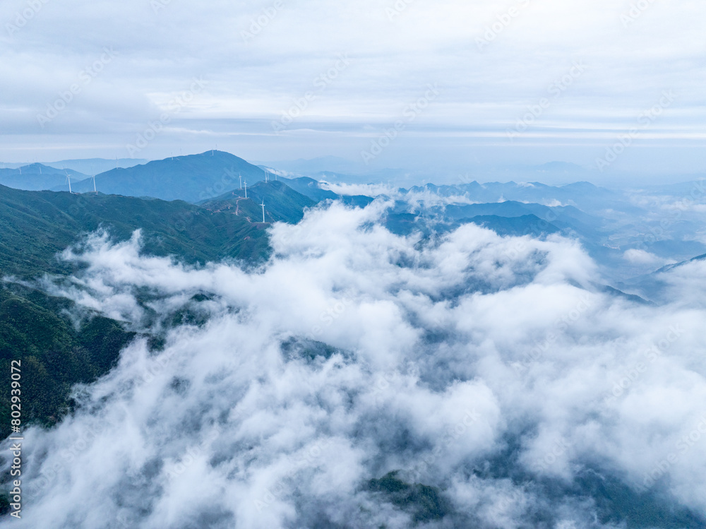 Aerial photography of mountain wind farm clouds and fog Aerial photography of mountain wind farm clouds and fog