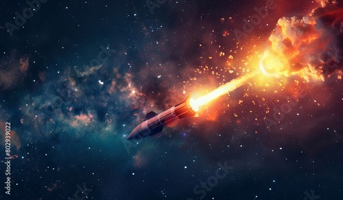 Thrilling space rocket launch with fiery exhaust in starry cosmos photo