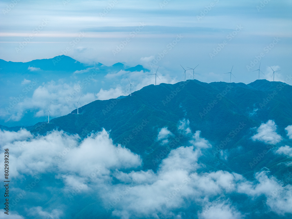 Aerial photography of mountain wind farm clouds and fog Aerial photography of mountain wind farm clouds and fog