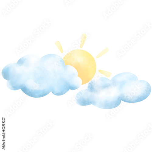 A watercolor painting of the sun rising from clouds in the sky
