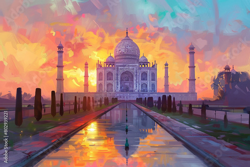 A detailed digital painting of the Taj Mahal at sunrise, with its white marble reflecting the warm colors of the sky