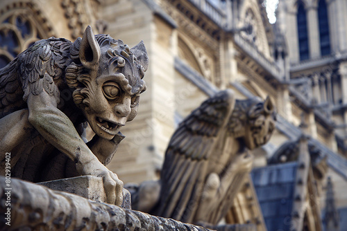 A close-up shot of the intricate gargoyles adorning Notre Dame Cathedral in Paris.