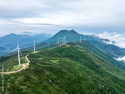 Aerial photography of mountain wind farm clouds and fog
