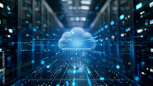 Digital cloud Network Hub Futuristic Server Room Illustration. Generative AI