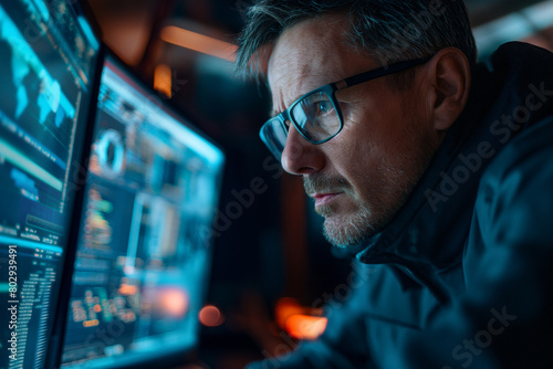 Cyber security concept. Hacker working on computer in dark room. Young man wearing glasses.