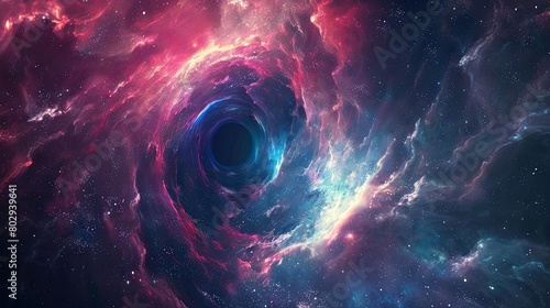 Mystical cosmic black hole swirling in vibrant starry galaxy