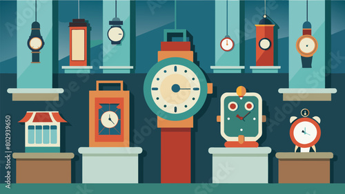 The meetup venue is transformed into a mini museum with vintage watches from all eras and brands on display for collectors to admire and drool over.. Vector illustration