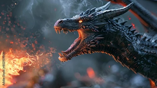 Dragon breathing fire photo