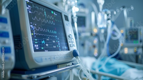 Close-up of a vital signs monitor in an icu with medical equipment in the backdrop