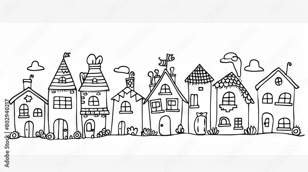 Charming doodle line art of a whimsical village scene