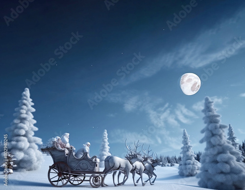 Santa on sleigh with reindeer rides through snowy forest on Christmas, wallpaper. AI generated.