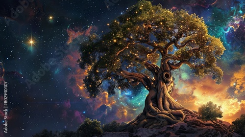 Enchanted tree illuminated under a starry cosmic sky