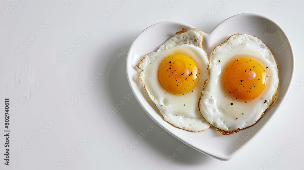 Sunny side up eggs on heart-shaped plate for breakfast