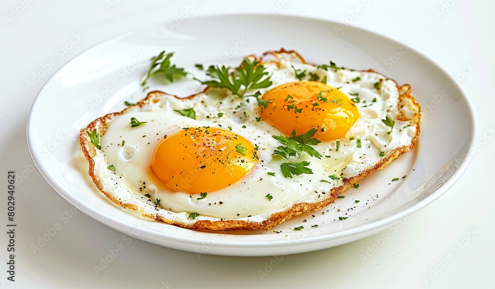 Sunny side up eggs on a white plate with fresh parsley Sunny side up eggs on a white plate with fresh parsley