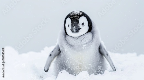 Snowy day with an adorable emperor penguin chick photo