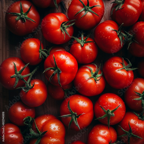 Close up of fresh red tomatoes, upper view background. Realistic photo of top view vegetables scenery. 