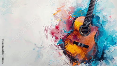 Colorful abstract art with acoustic guitar on splattered background