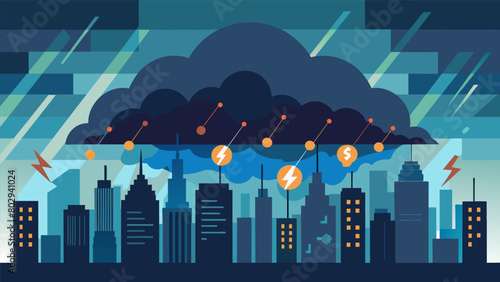 Ominous storm clouds cast a shadow over the city bearing labels such as cyber attack and hacking threat hinting at potential technological crises to.