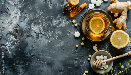 Nasal drops with lemon tea, ginger, honey and pills on grunge background photo