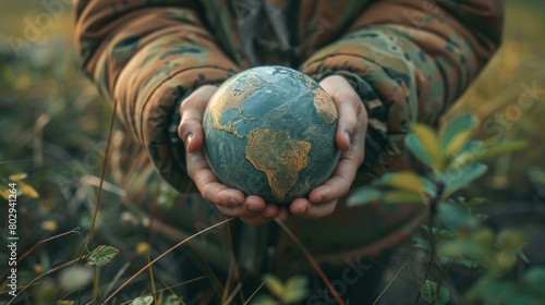 Hands tenderly holding a globe as a symbol of collective dedication to protecting the environment