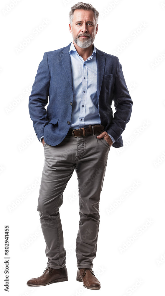Full body portrait of a middle-aged businessman wearing a sharp blue blazer, white shirt, and glasses, isolated on a transparent background Full body portrait of a middle-aged businessman wearing a sharp blue blazer, white shirt, and glasses, isolated on a transparent background