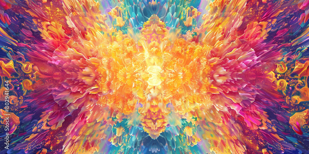 A flurry of vibrant colors explodes into the air, creating a stunning kaleidoscope of patterns that shimmer and dance in the sunlight.