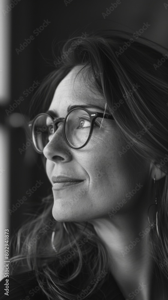 Woman with glasses gazing into distance