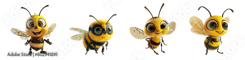 Set of 3D cute happy cartoon bee, isolated on white background, png photo