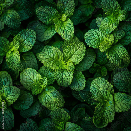 Green mint leaves with veins close up. Realistic photo of top view green leaves scenery. Close-up food photography background 