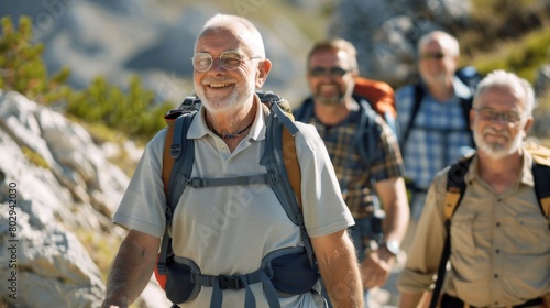 Men Walking for Fitness: Group of Senior Friends Hiking on Mountain Trail