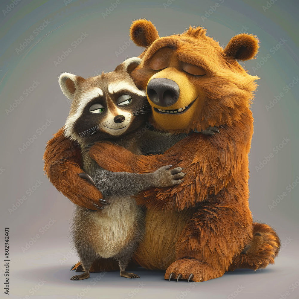 Cute cartoon characters bear and raccoon. A bear hugs a cute raccoon. Friendship and love. Generative AI Cute cartoon characters bear and raccoon. A bear hugs a cute raccoon. Friendship and love. Generative AI