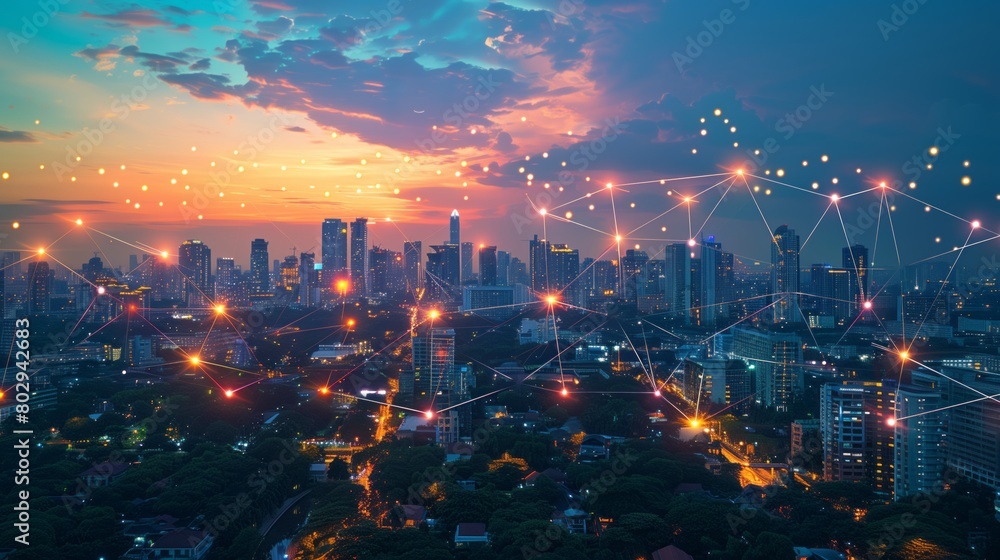 Fototapeta premium Night view of the city skyline sparkling with a network link, Generative AI