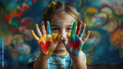 Child with painted hands showing hearts and World Autism text