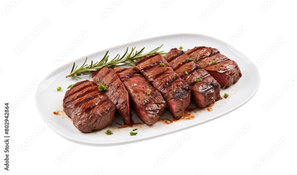 Succulent grilled steaks on a plate with roasted tomatoes and rosemary, embodying a delicious gourmet meal. Generative AI