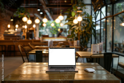 Wallpaper Mural Laptop with blank screen on wooden table in coffee shop cafe. Torontodigital.ca