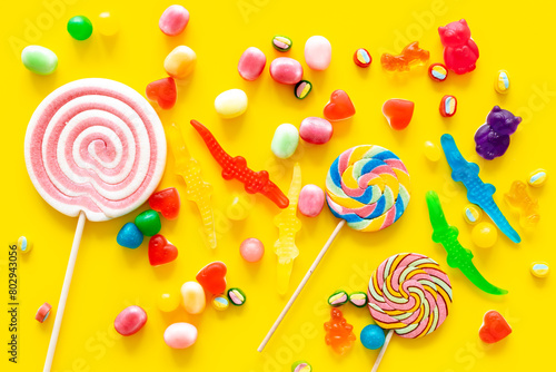 Colorful candies and gummies jelly background. Sweet food and candies pattern