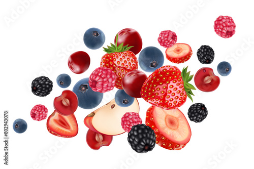 Mixed berries smoothies fruit splashing of Tropical fruits isolated on white background. Vector in 3D illustrations.