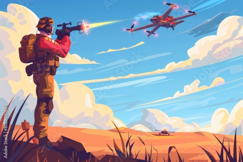 A man with a gun looking at a plane in the sky. Suitable for action or thriller themes