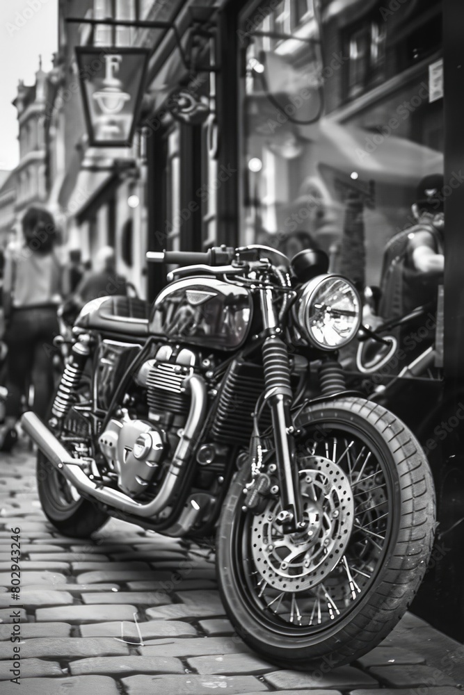 Classic black and white photo of a motorcycle parked on the street. Perfect for vintage or transportation themes Classic black and white photo of a motorcycle parked on the street. Perfect for vintage or transportation themes