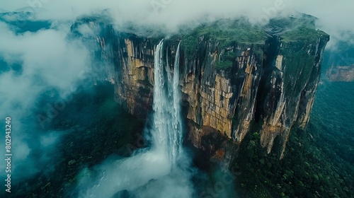 Majestic Waterfall Amidst Misty Cliffs and Lush Greenery.