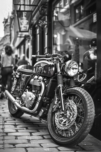 Classic black and white photo of a motorcycle parked on the street. Perfect for vintage or transportation themes