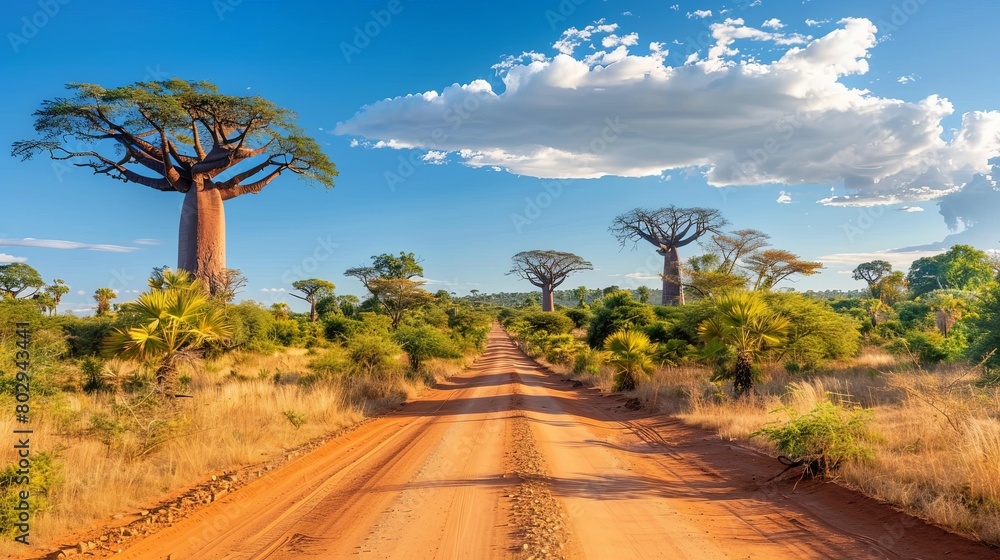 Baobab Trees Lining a Scenic Dirt Road Under Blue Sky. Baobab Trees Lining a Scenic Dirt Road Under Blue Sky.