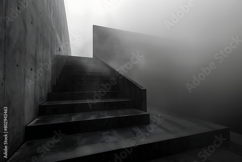 The stark geometry of a staircase ascending into mist