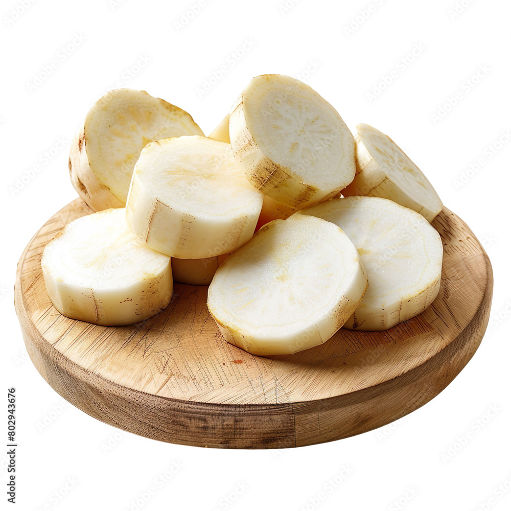 Front view of a pile of cut rutabagas on a wooden chopping board isolated on a white transparent background