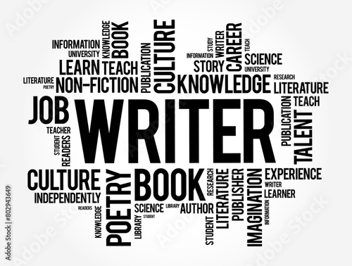 Writer is a person who uses written words in different writing styles and techniques to communicate ideas, word cloud concept background