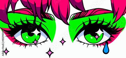 Pop art anime style eyes with 90's neon retro makeup. Fashionable manga-inspired design.